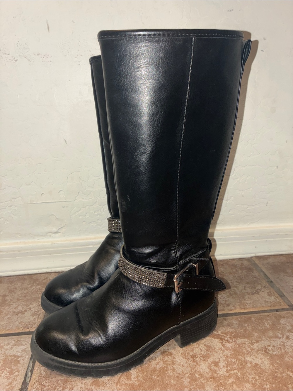 Madden Girl Black Knee-High Boots with Rhinestone Buckle Strap Accent